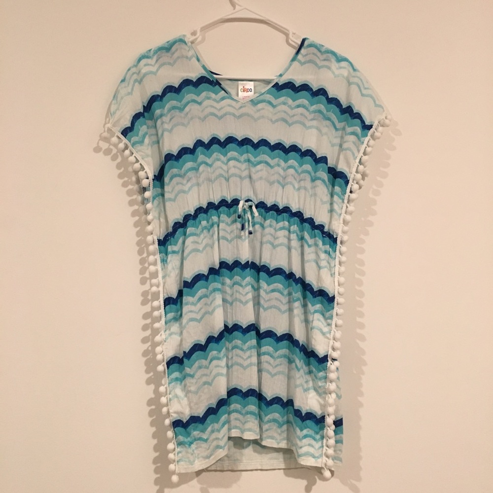 Junior Blue Beach Waves PomPom Swim Cover-Up Dress